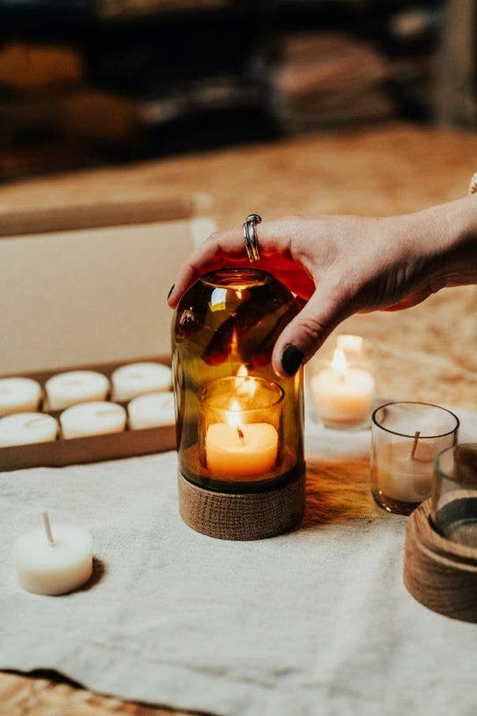 Rustic Wood & Recycled Olive Green Glass Dome