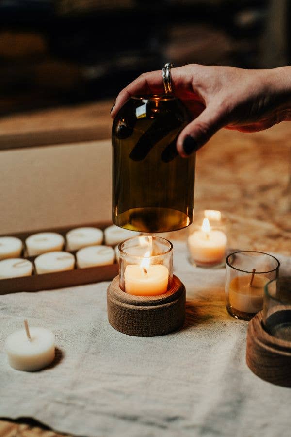 Rustic Wood & Recycled Olive Green Glass Dome