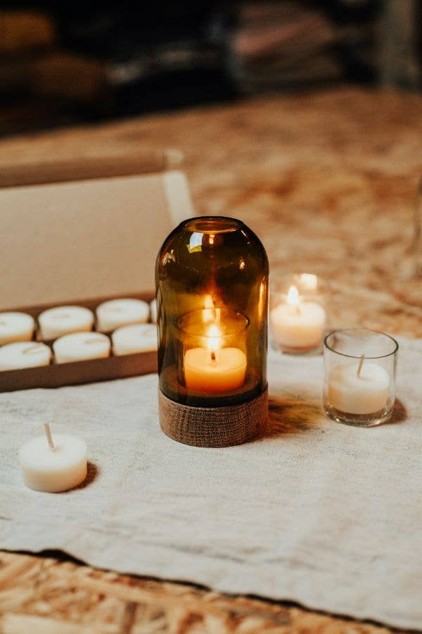Rustic Wood & Recycled Olive Green Glass Dome